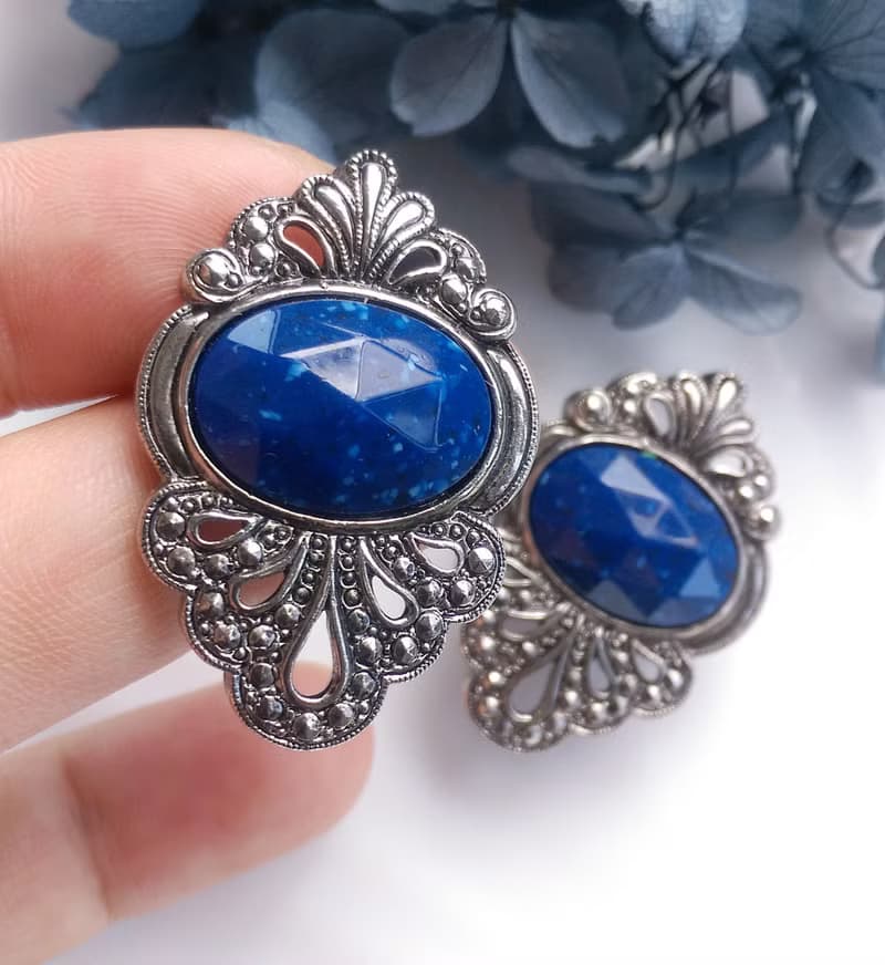 Vintage Jewelry 西洋古董飾品 銀色調 藍珠切面  針式耳環