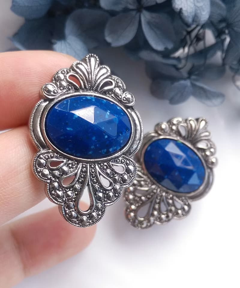Vintage Jewelry 西洋古董飾品 銀色調 藍珠切面  針式耳環