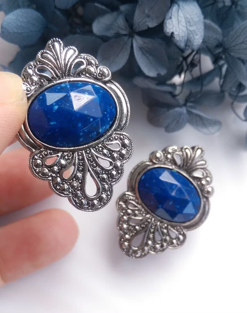 Vintage Jewelry 西洋古董飾品 銀色調 藍珠切面  針式耳環