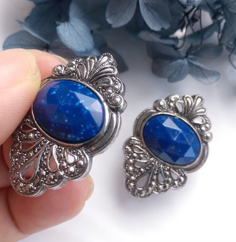 Vintage Jewelry 西洋古董飾品 銀色調 藍珠切面  針式耳環