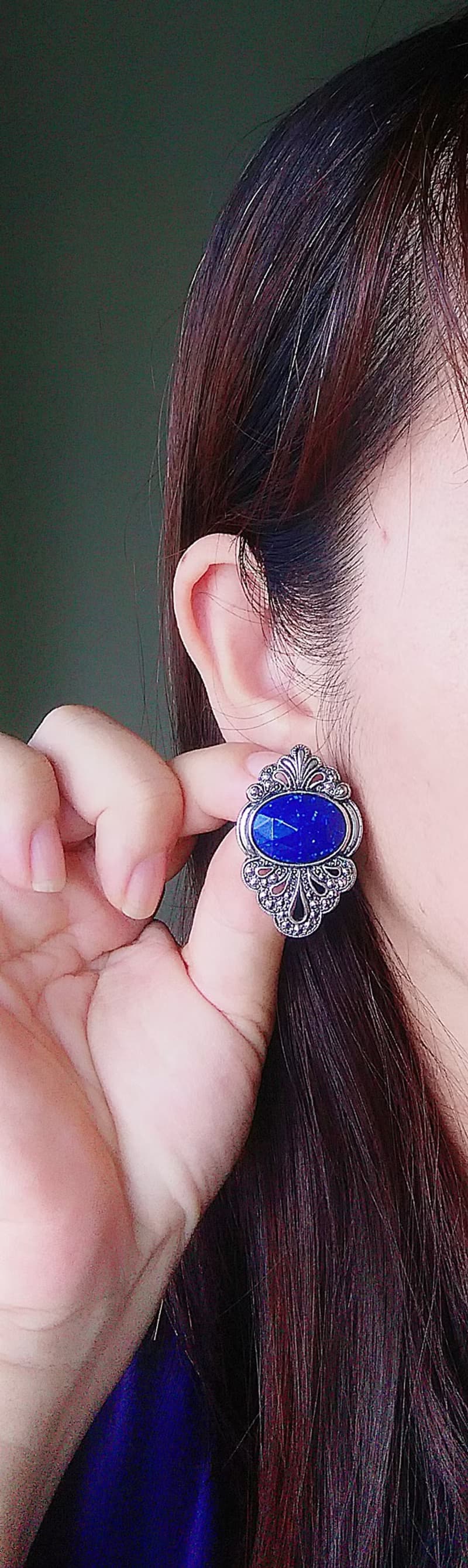 Vintage Jewelry 西洋古董飾品 銀色調 藍珠切面  針式耳環