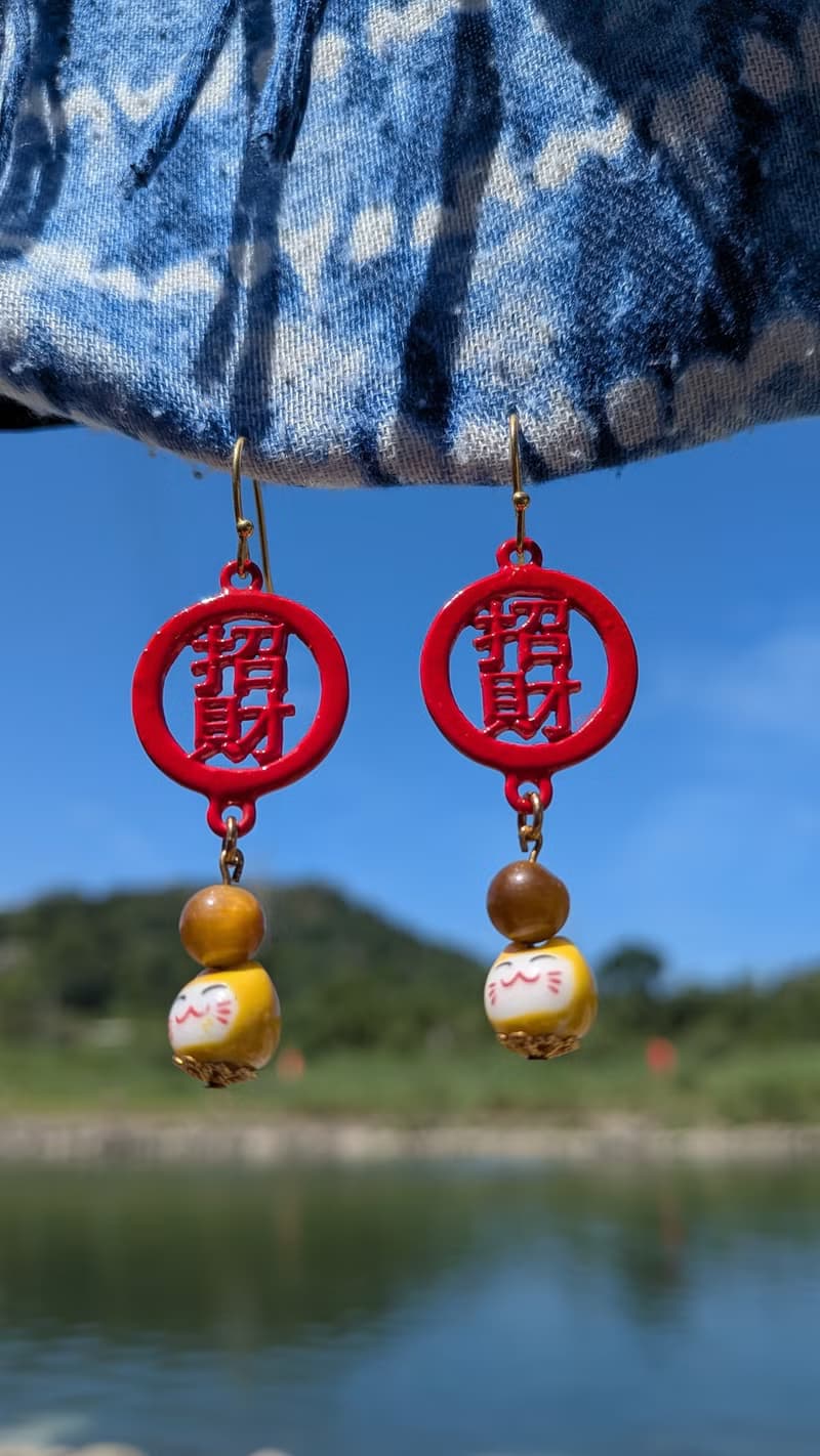 虎眼石招財貓垂墜耳環