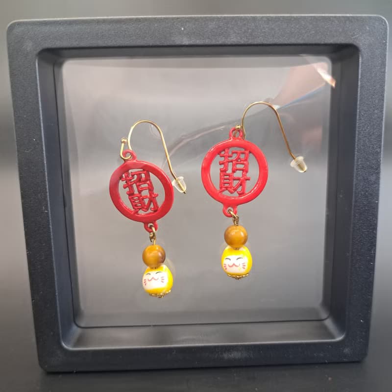 虎眼石招財貓垂墜耳環