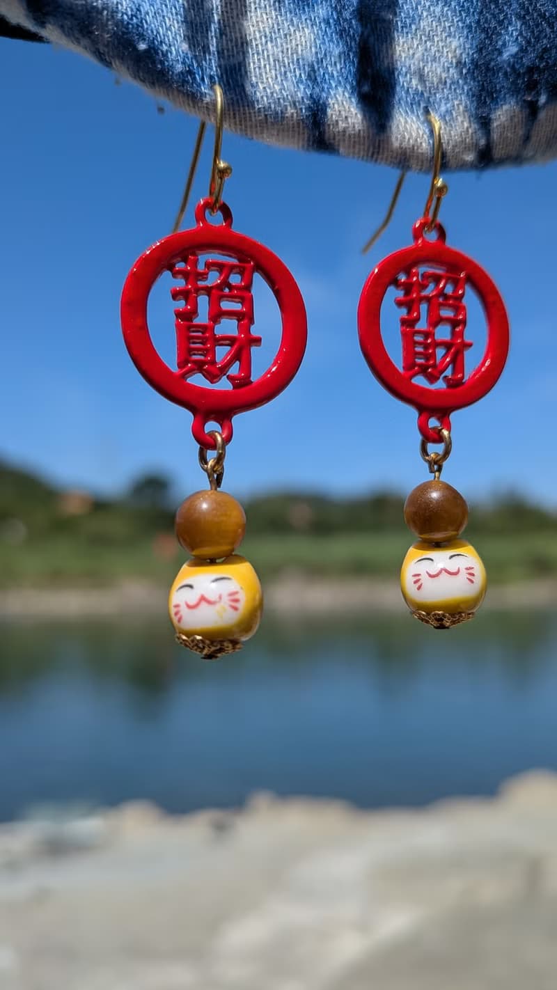 虎眼石招財貓垂墜耳環