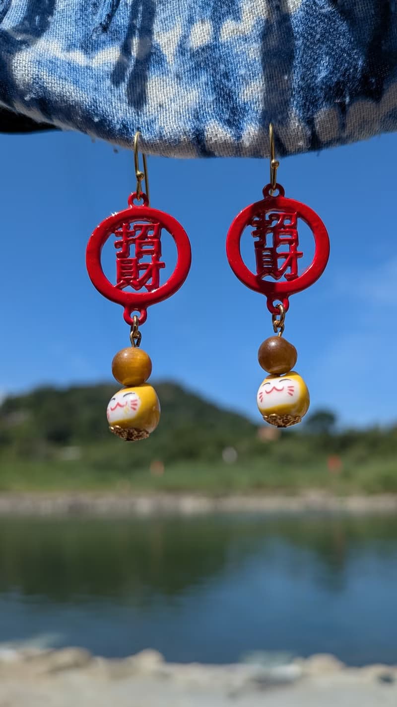 虎眼石招財貓垂墜耳環