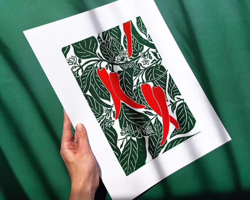 Linocut Print Red Chili Pepper Plant Original Artwork Modern Kitchen Wall Decor