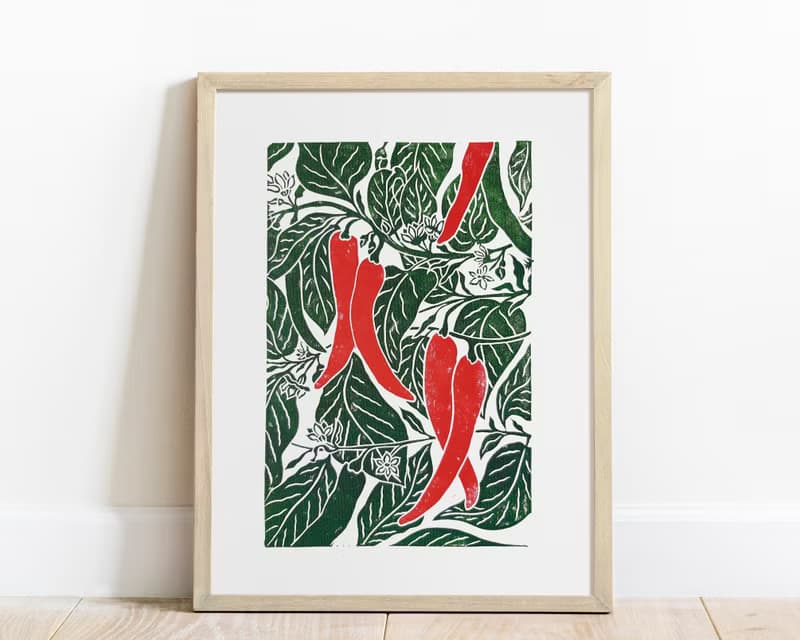 Linocut Print Red Chili Pepper Plant Original Artwork Modern Kitchen Wall Decor