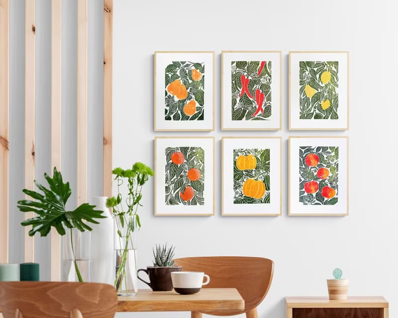 Linocut Print Red Chili Pepper Plant Original Artwork Modern Kitchen Wall Decor