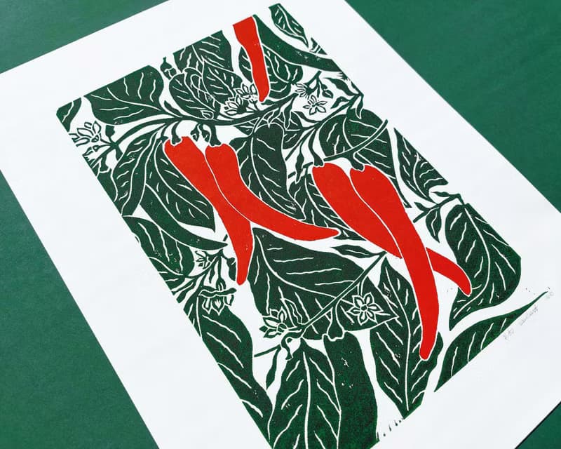 Linocut Print Red Chili Pepper Plant Original Artwork Modern Kitchen Wall Decor