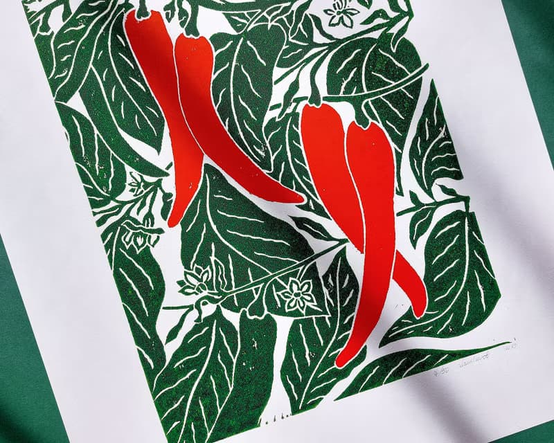 Linocut Print Red Chili Pepper Plant Original Artwork Modern Kitchen Wall Decor