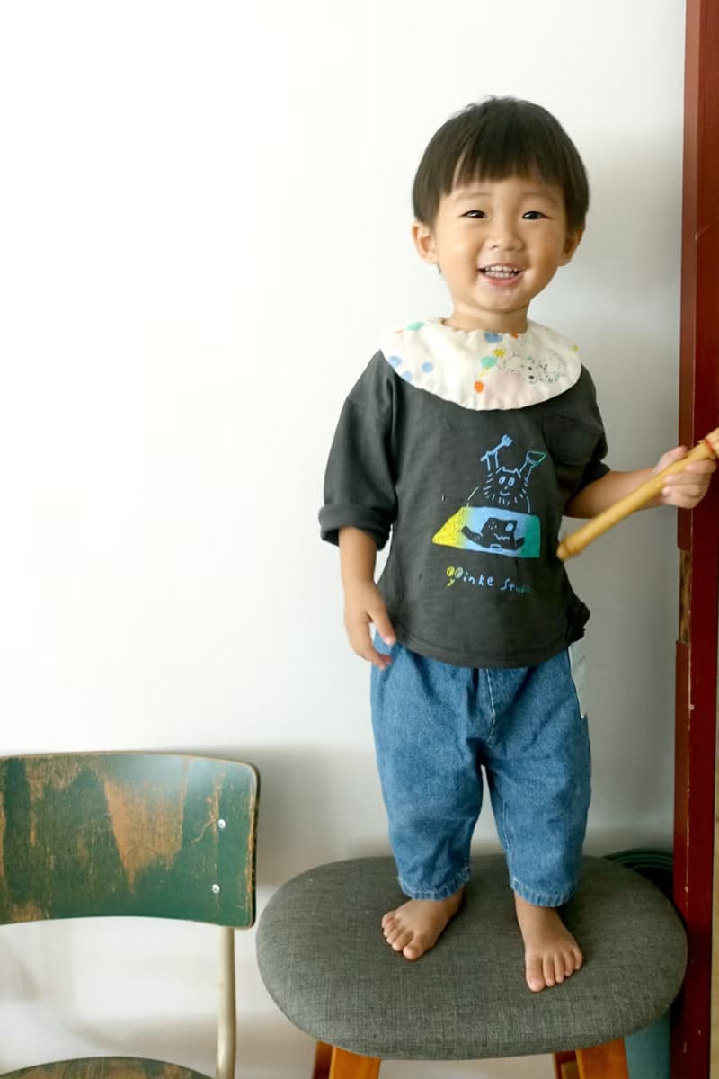 BABY 灰黑秋日七分袖純棉印花小口袋上衣 山 / 印花的波 / 藍莓阿