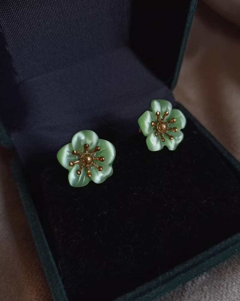 【孤品限定】貓眼綠花耳環 玻璃耳飾