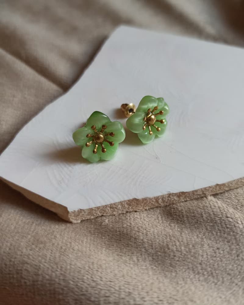 【孤品限定】貓眼綠花耳環 玻璃耳飾