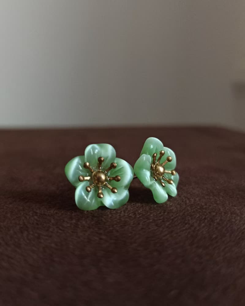 【孤品限定】貓眼綠花耳環 玻璃耳飾
