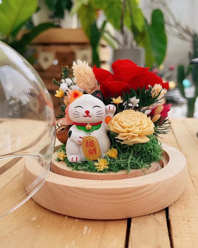招財貓玫瑰圓球玻璃罩LED永生花盅 招財擺設