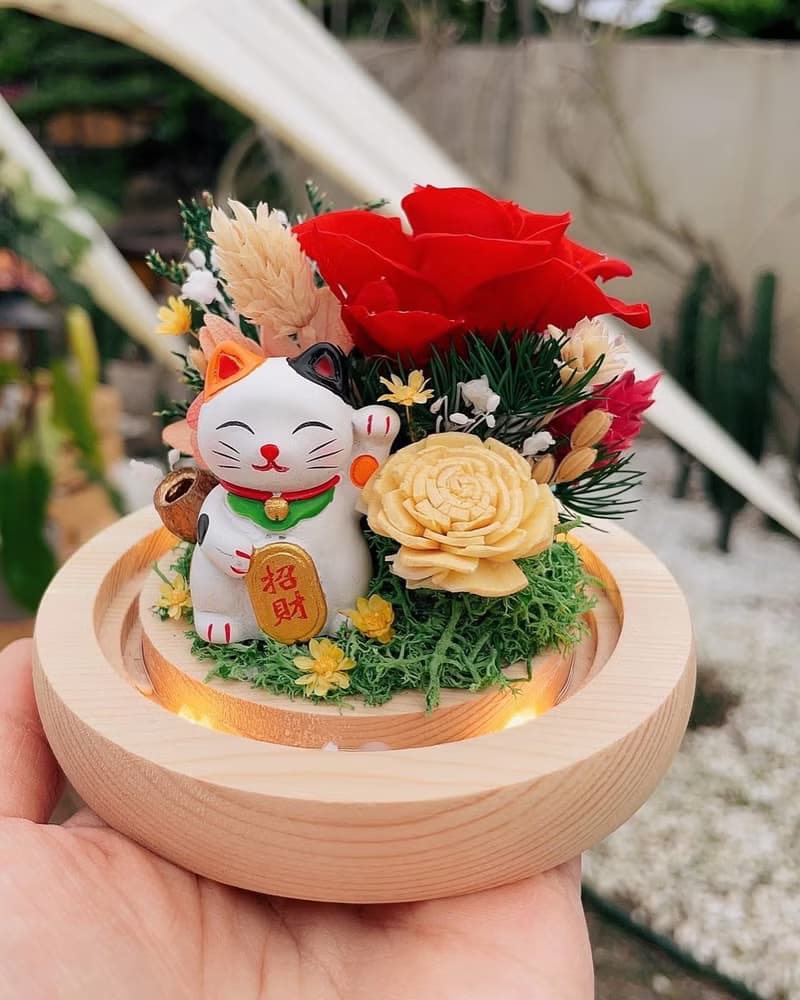 招財貓玫瑰圓球玻璃罩LED永生花盅 招財擺設