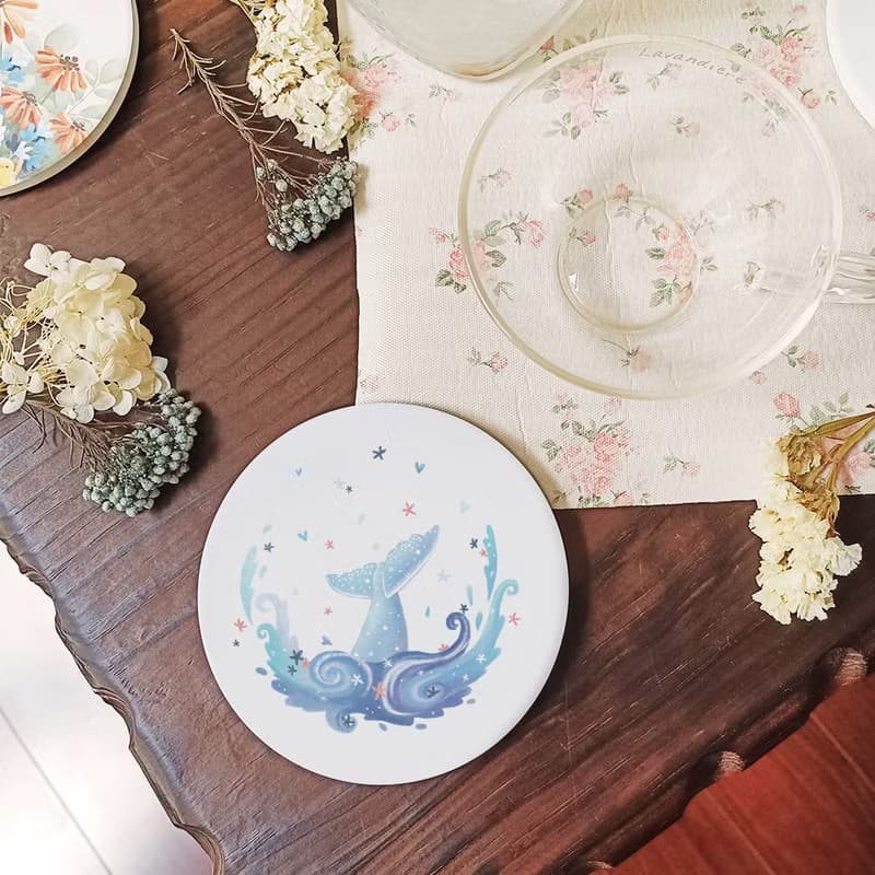 陶瓷吸水杯墊 - 藍海鯨魚