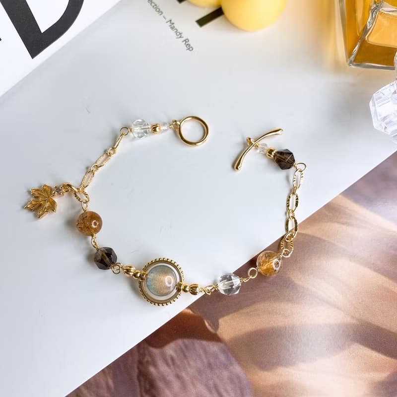 新秋 灰月光拉長石 黑金超七 茶晶 白水晶 手工繞線OT扣手鍊