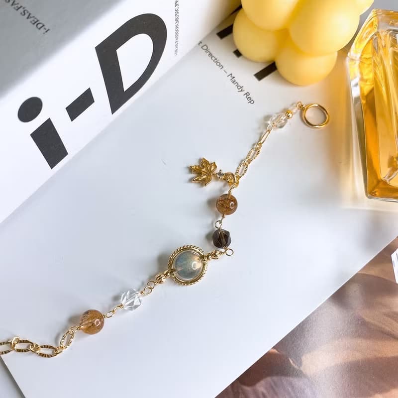 新秋 灰月光拉長石 黑金超七 茶晶 白水晶 手工繞線OT扣手鍊