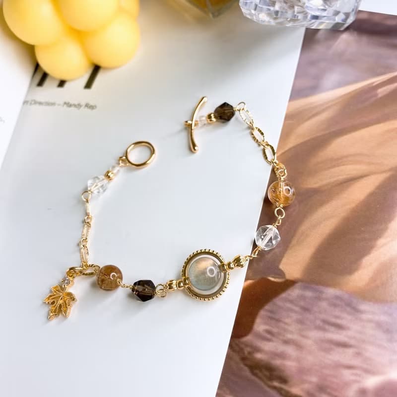 新秋 灰月光拉長石 黑金超七 茶晶 白水晶 手工繞線OT扣手鍊