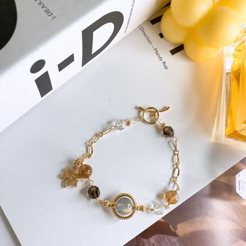 新秋 灰月光拉長石 黑金超七 茶晶 白水晶 手工繞線OT扣手鍊