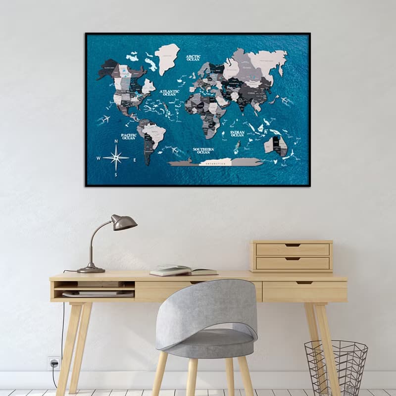World Map on Board, Panel Wall Art, Framed Wall Decor, Room Decor, Travel Map