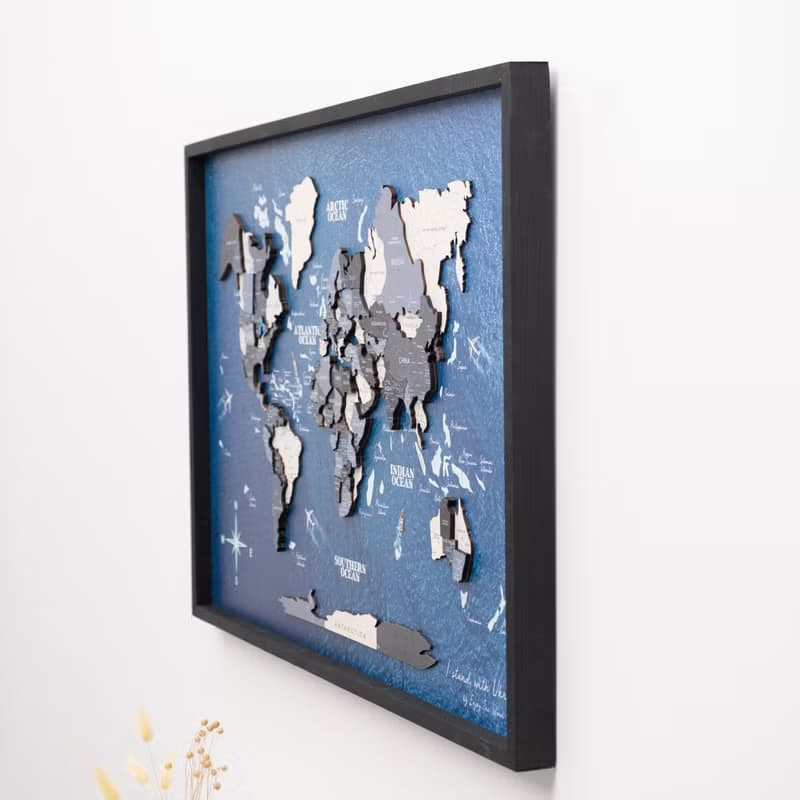 World Map on Board, Panel Wall Art, Framed Wall Decor, Room Decor, Travel Map