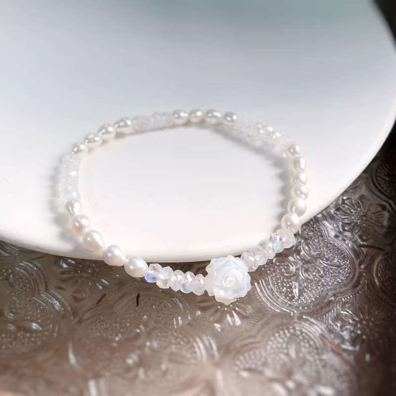 白貝、月光石、珍珠 白色天然石手鍊