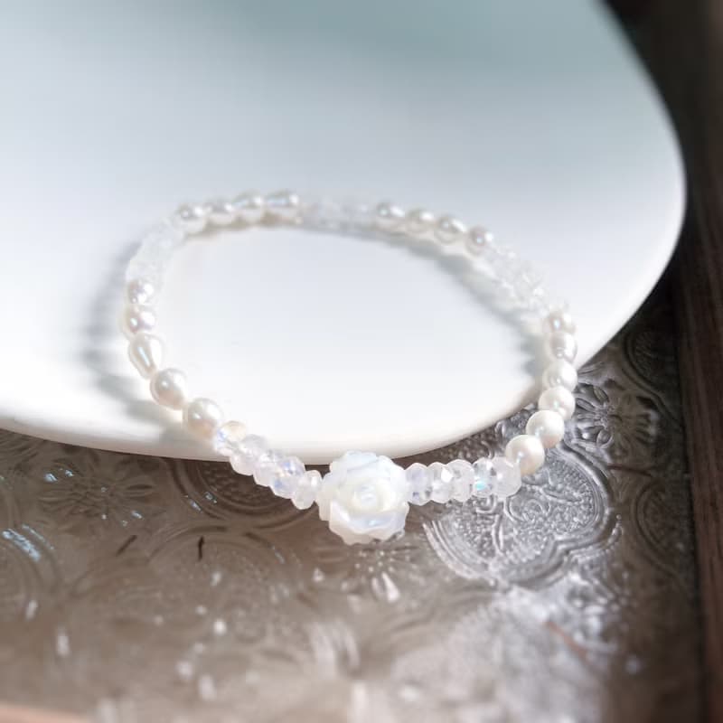 白貝、月光石、珍珠 白色天然石手鍊