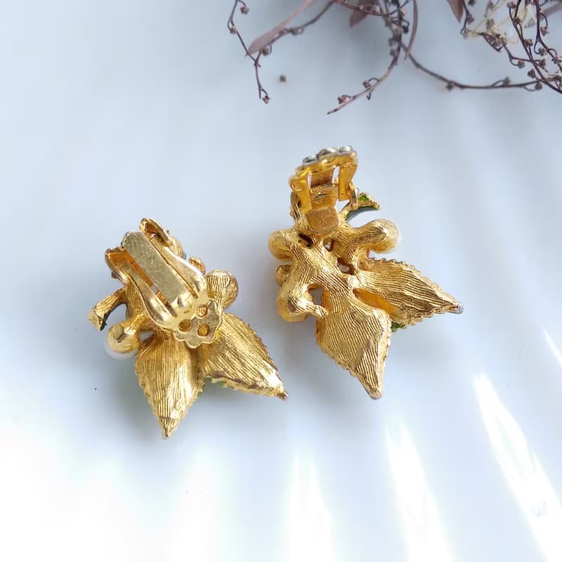 【西洋古董飾品 】仿珠 優雅 珠葉 對稱 夾式耳環