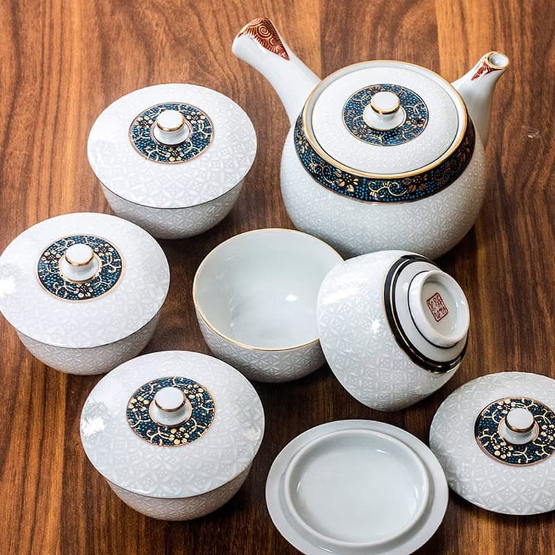日本進口九谷燒手工側把泡茶壺金白七寶帶蓋茶具套裝一壺五杯禮盒