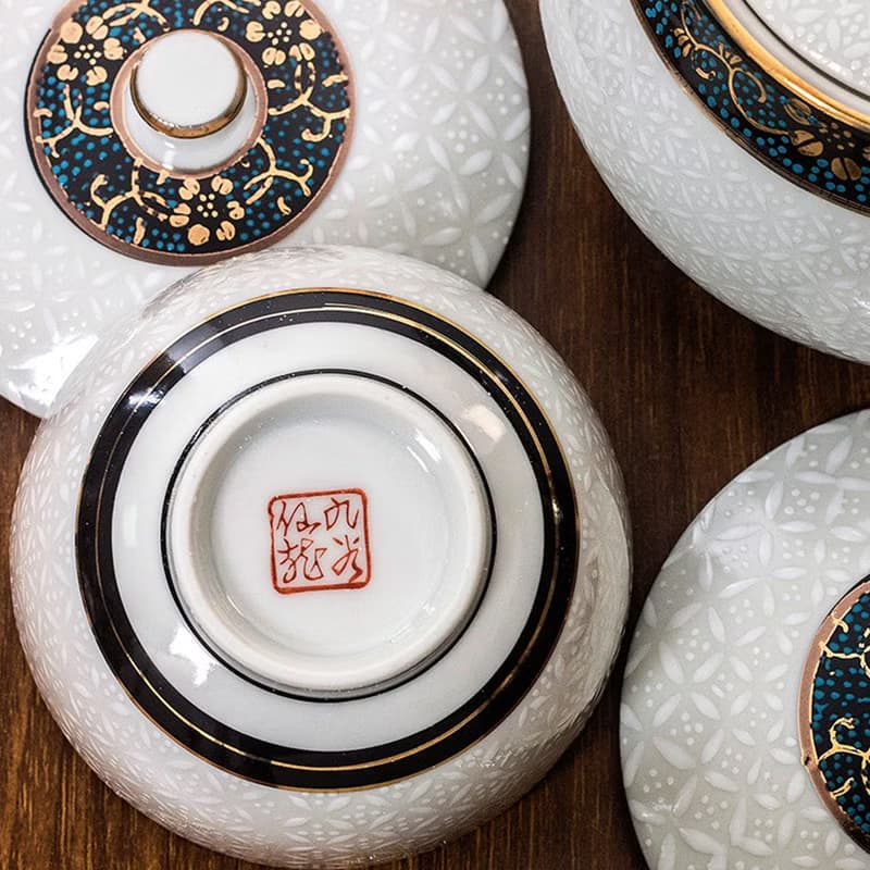 日本進口九谷燒手工側把泡茶壺金白七寶帶蓋茶具套裝一壺五杯禮盒