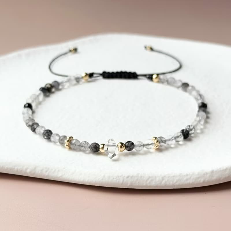 清影鎖念 | 黑髮晶 白水晶 能量調頻手繩 天然水晶 可調手工編織