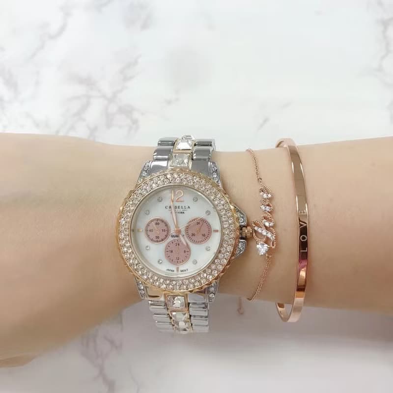 優雅閃爍鋯石金屬石英女手錶配手鏈手鐲套裝