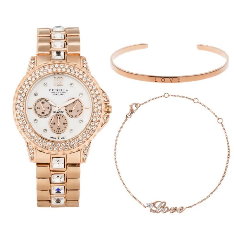 優雅閃爍鋯石金屬石英女手錶配手鏈手鐲套裝