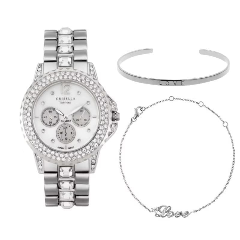 優雅閃爍鋯石金屬石英女手錶配手鏈手鐲套裝