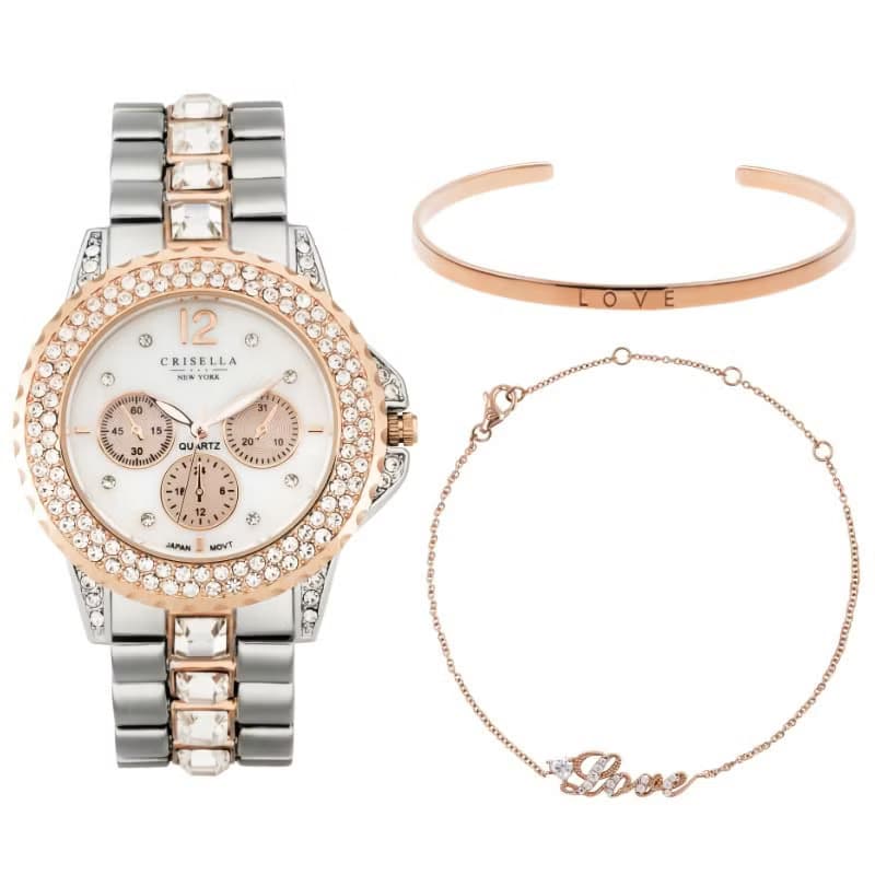 優雅閃爍鋯石金屬石英女手錶配手鏈手鐲套裝