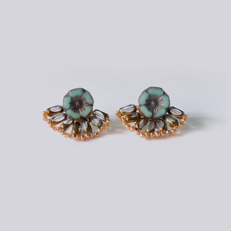 扇形花耳環 Fan Flower Earrings - 薄荷綠 耳針/耳夾