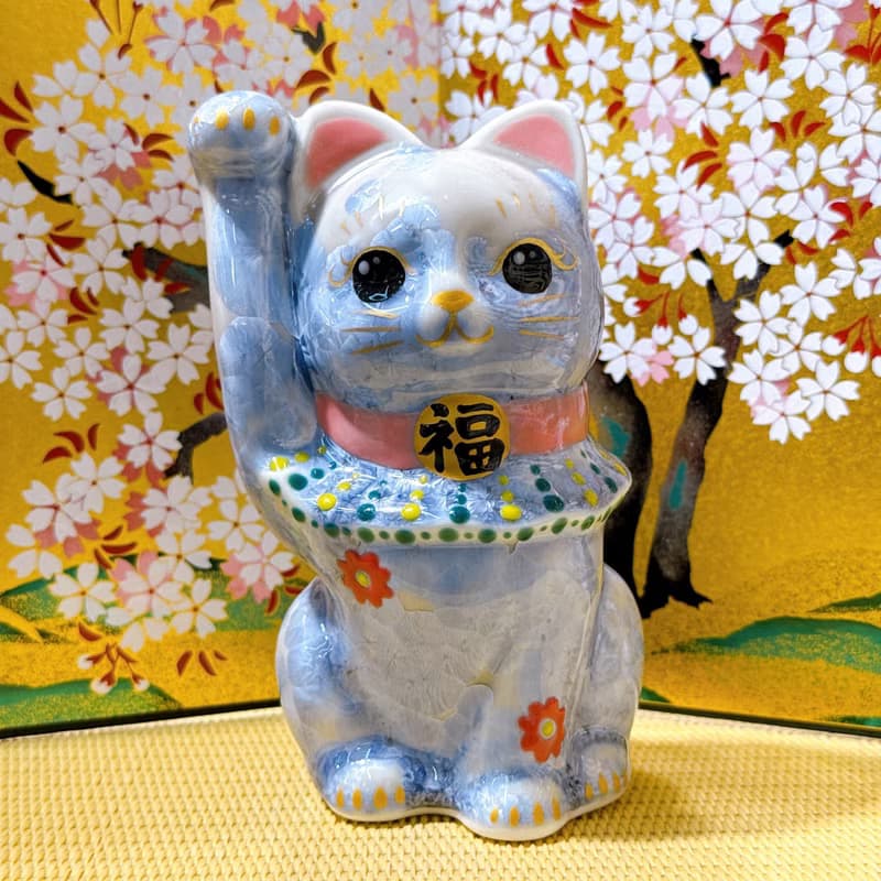 【藤陽綻華】日本清水燒招財貓 | 花結晶 - 銀藤 億万