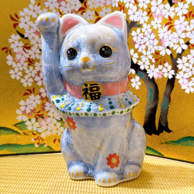 【藤陽綻華】日本清水燒招財貓 | 花結晶 - 銀藤 億万