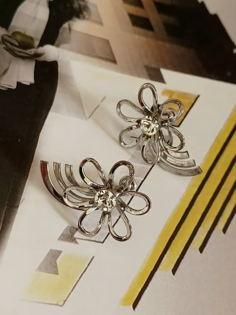 vintage jewelry  縷空花卉萊茵夾式耳環