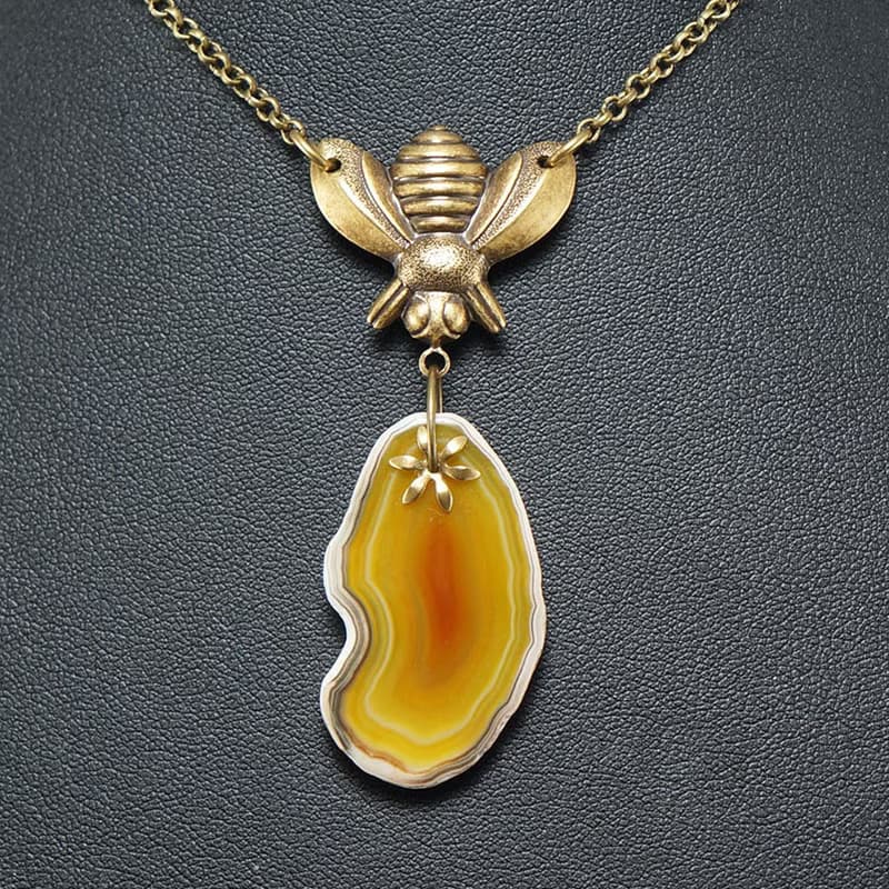 Honey Yellow Agate Slab Slice Brass Bee Boho Pendant Necklace Woman Jewelry Gift