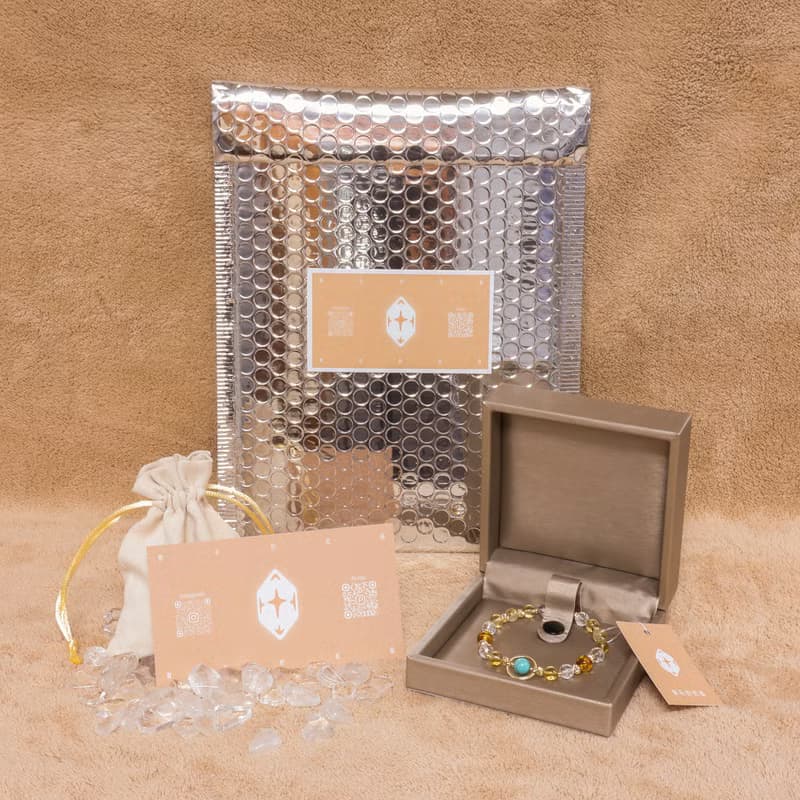 金錢的祝福/綠松石-琥珀-鈦晶-黃水晶-白水晶/天然寶石黃銅手鍊