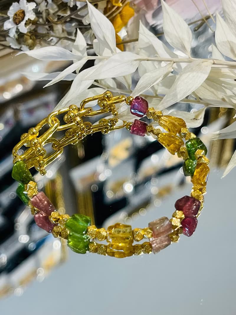 天然彩色碧璽原礦實心三連結金馬蹄扣隨意扣手鍊強能量人緣財富