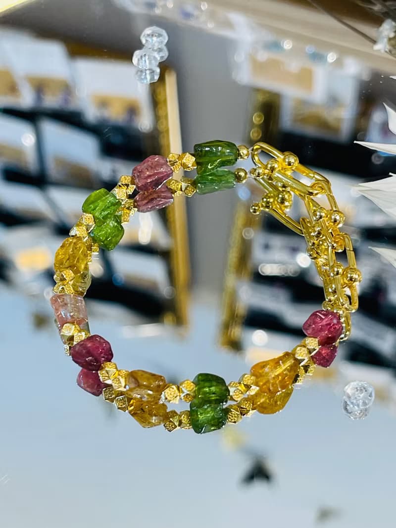 天然彩色碧璽原礦實心三連結金馬蹄扣隨意扣手鍊強能量人緣財富