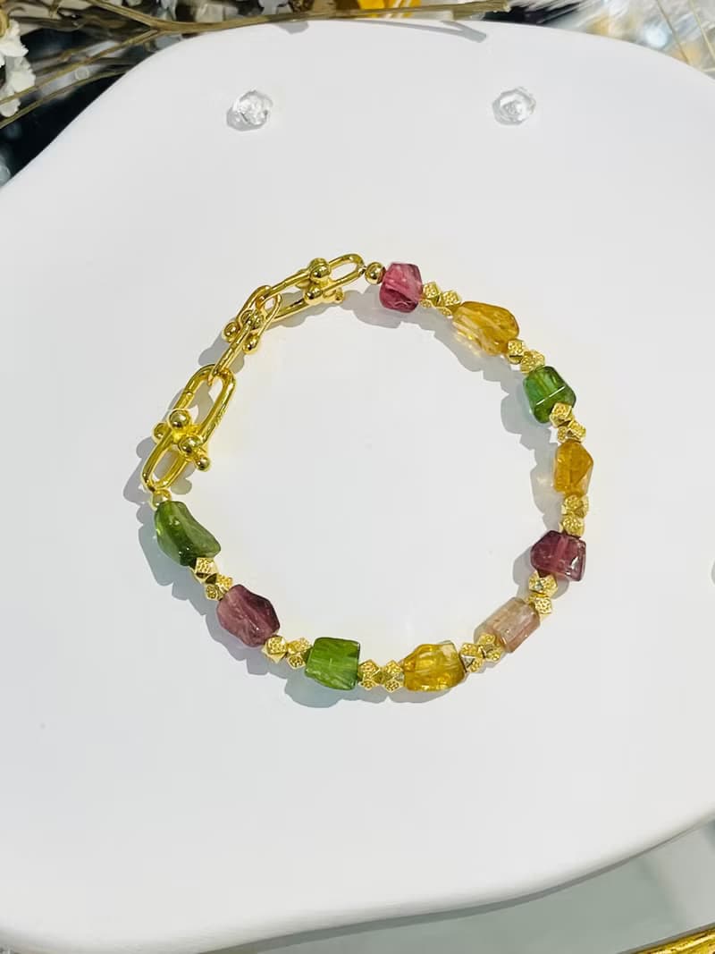 天然彩色碧璽原礦實心三連結金馬蹄扣隨意扣手鍊強能量人緣財富