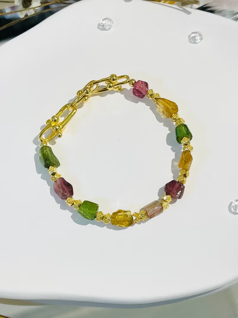 天然彩色碧璽原礦實心三連結金馬蹄扣隨意扣手鍊強能量人緣財富