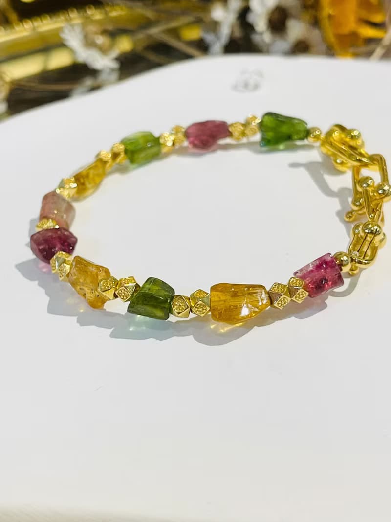 天然彩色碧璽原礦實心三連結金馬蹄扣隨意扣手鍊強能量人緣財富