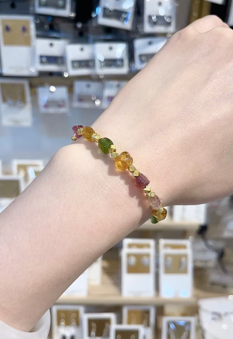 天然彩色碧璽原礦實心三連結金馬蹄扣隨意扣手鍊強能量人緣財富