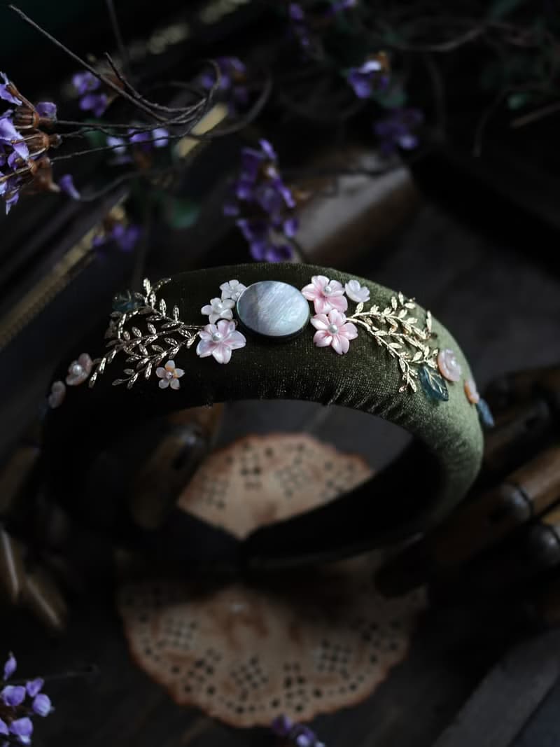 復古風天鵝絨髮箍 櫻月夜